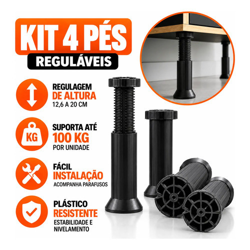 Kit 4 Pé Preto 13 A 20cm Regulável Armário Balcão Móveis Pia