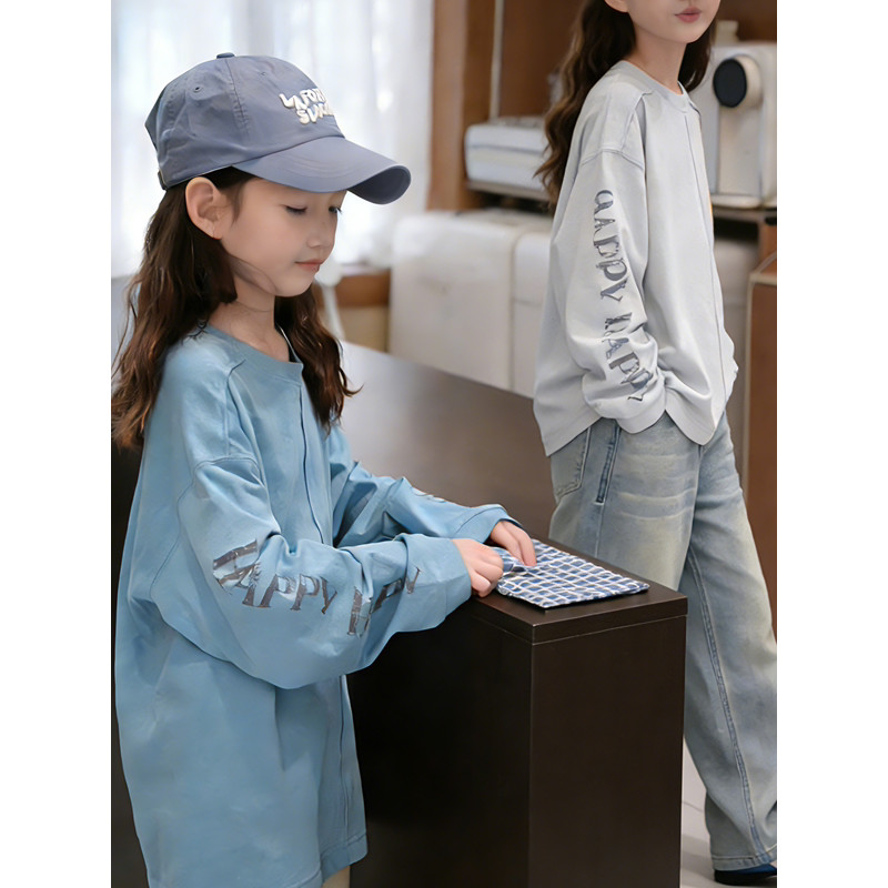 Médio grande crianças meninas camiseta de manga comprida 2026 novo estilo moda crianças camisa de fundo meninas meninos 