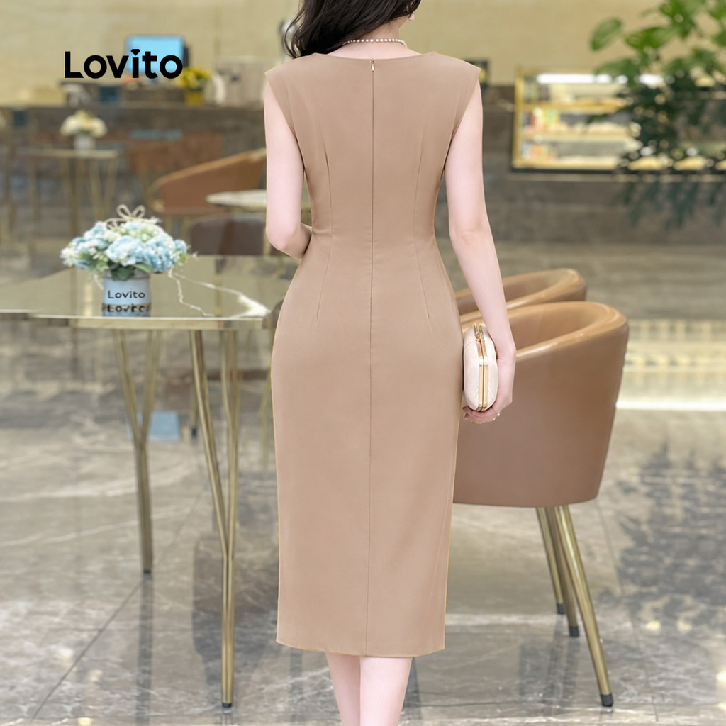 (Elegante) Lovito Vestido Assimétrico com Pregas para Trabalho Na Primavera/verão Vestido caqui L155ED1811 · foto 2
