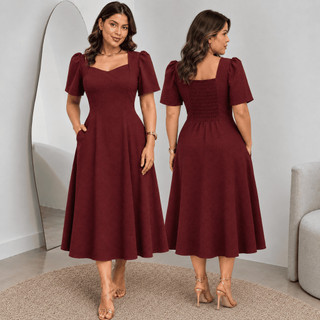 Vestido Midi Elegante Moda Cristã Slim Executiva Premium Godê Exclusiva Caimento Fluido Evasê Vestido Manguinha Casual