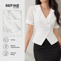 (Refine by Lovito) Blusa Branca De Chiffon Com Gola Babado Manga Curta Botão Duplo E Costura De Tecido Para Trabalho Feminino BLR43P1D089