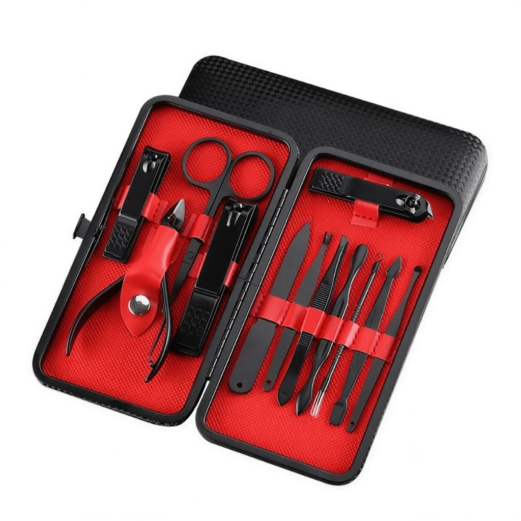 Kit Manicure Pedicure Profissional 12 Peças Aço Inox com Estojo de Couro Sintético