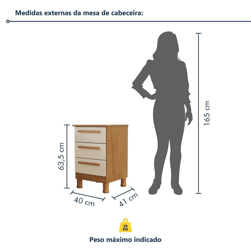 Mesa de Cabeceira 3 Gavetas Tiradentes Nature/Off White — imagem 2 de 2