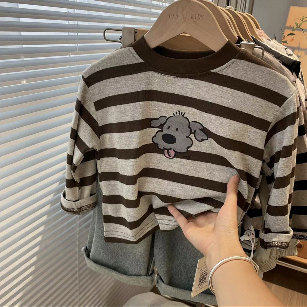 ((Estoque pronto) Outono crianças novo estilo solto puro algodão listrado All-Match camiseta meninos meninas dos desenho
