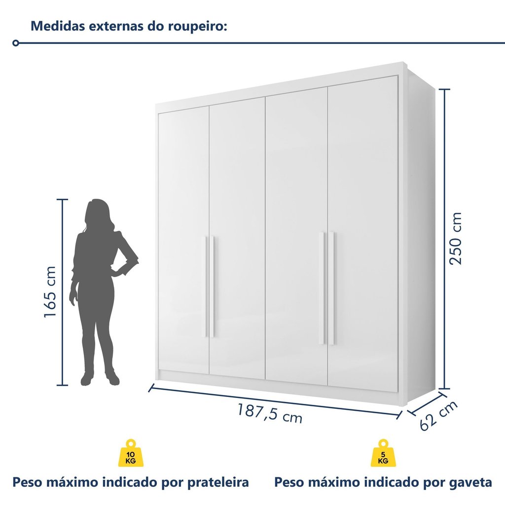 Guarda Roupa Casal 100% MDF 4 Portas e 4 Gavetas Bergamo Branco Branco · foto 2