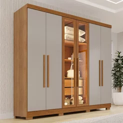 Guarda-Roupa Casal com Pés Reflecta com LED 06 Portas 02 Gavetas França Off White/Cinamomo Cinamomo/Off White/Reflecta
