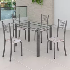 Conjunto de Jantar Mesa 120x75cm Tampo de Vidro Incolor com 4 Cadeiras Sara Yescasa Prata/Botanic Bege/Mart Botanic