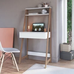 Escrivaninha Mesa Escritório com Estante 1 Gaveta 73cm Branco e Mel