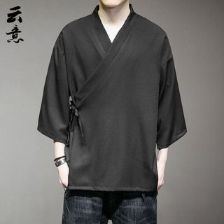 Verão estilo chinês masculino Hanfu Tang terno Retro roupas de chá de manga comprida gola alta camisa de algodão taoísta