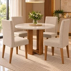 Mesa de Jantar Chiara Redonda 90x90cm com 4 Cadeiras Venus Mel/Off White Mel/Off White