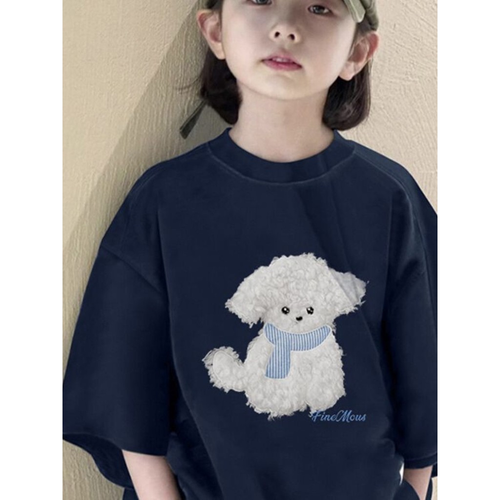 Filhote de cachorro dos desenhos animados impresso meninas de manga curta camiseta verão novo estilo solto crianças azul