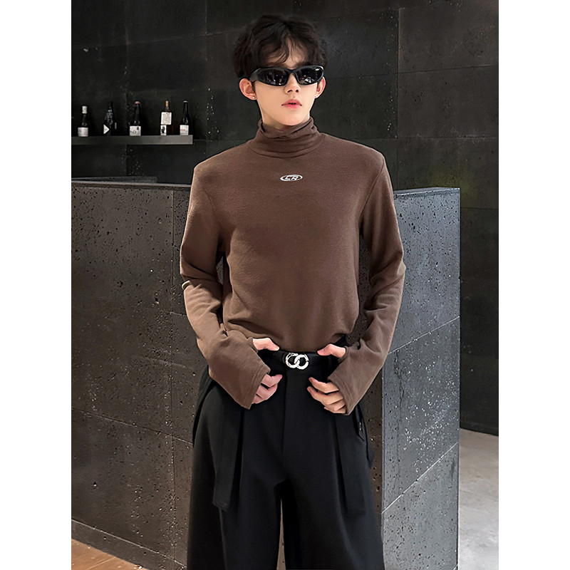 Outono inverno meia gola alta estilo americano manga comprida camiseta masculina impressa high-End rufião bonito cleanfi