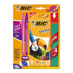 Kit escolar lápis de cor 12 cores Evolution Fashion + lápis + apontador + borracha 20 itens Bic