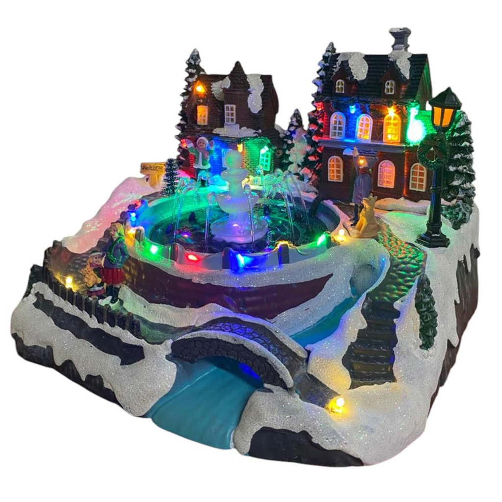 Enfeite Natalino Natal Fonte de Agua Vila Iluminada LED Luz Som Cenario Musical Festa Fim de Ano Celebraçao Decoraçao