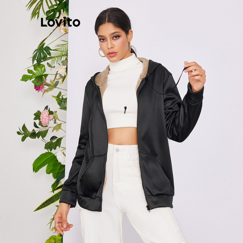 Lovito Jaqueta Casual Solta de Mangas Longas com Forro de Pele e Zíper para Mulheres LNA06174 (Preto) em Oferta na Shopee