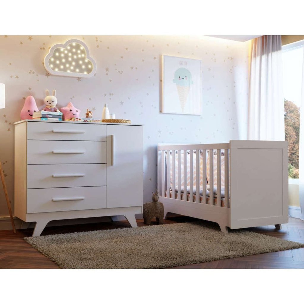 Quarto de Bebê com Cômoda e Berço 100% MDF Jolie Retrô  Branco/Brilho em Oferta na Shopee