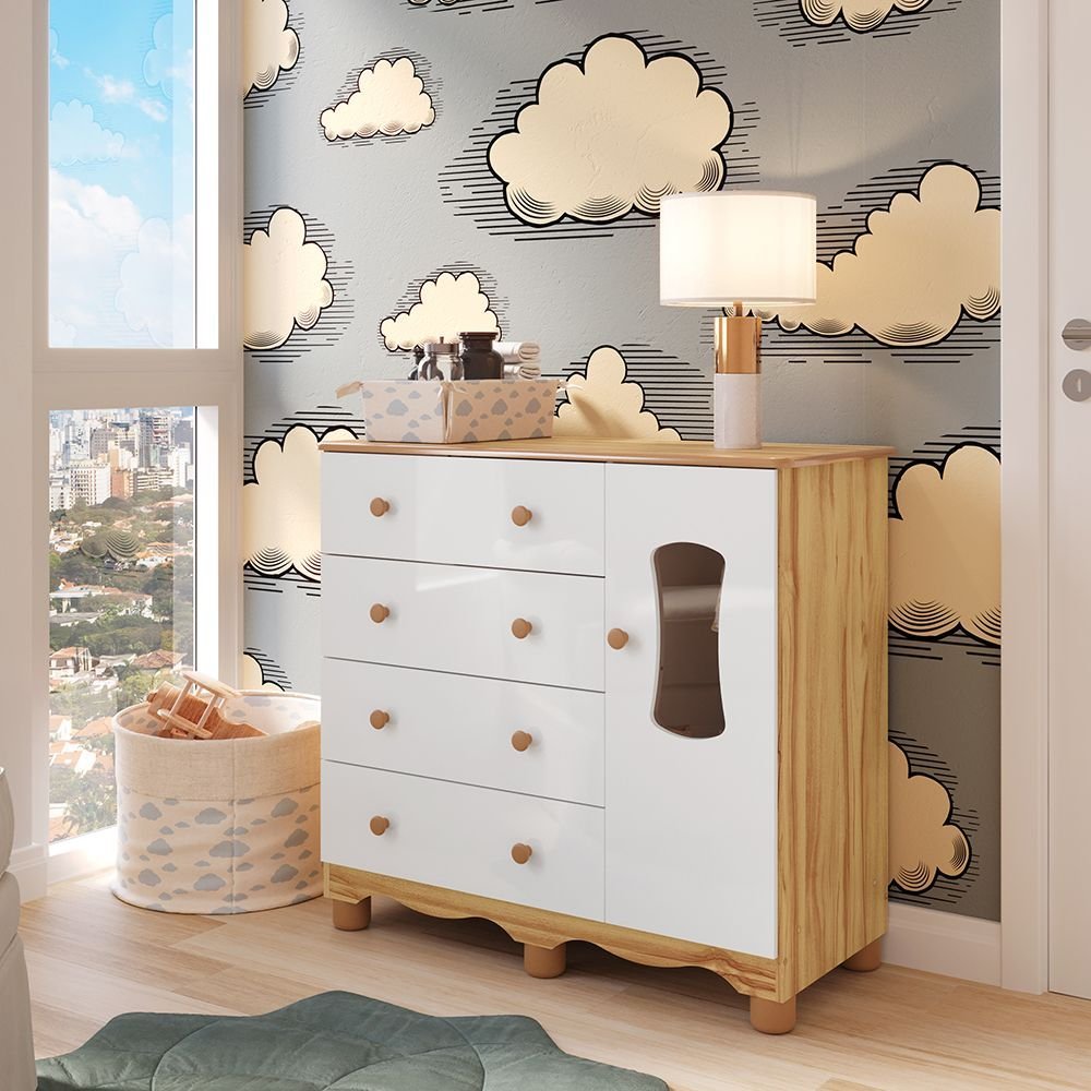 Cômoda Infantil 1 Porta com Janela e 4 Gavetas 100% MDF Lana Espresso Móveis Branco Brilho/Amêndoa em Oferta na Shopee