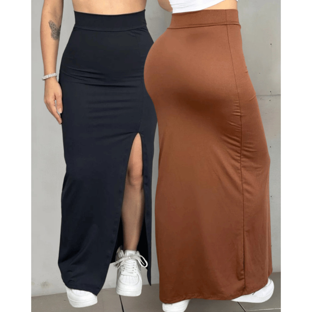 Saia Feminina Longa com Fenda Lateral Suplex Tubinho