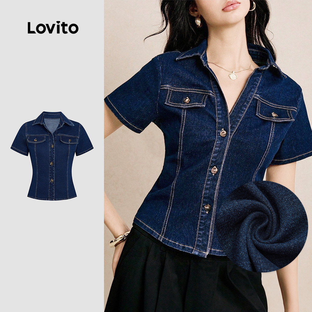 Lovito Jaqueta Jeans Casual com Bolso Falso Primavera/verão Jaqueta Jeans Azul para Mulheres L155ED506 em Oferta na Shopee