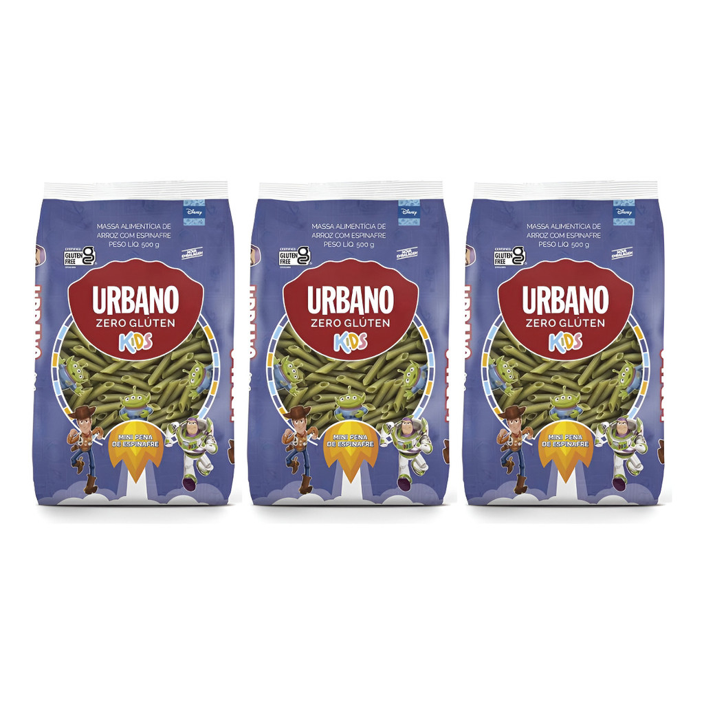 Kit C/3 Macarrão Urbano Kids Mini Pena Espinafre 500g