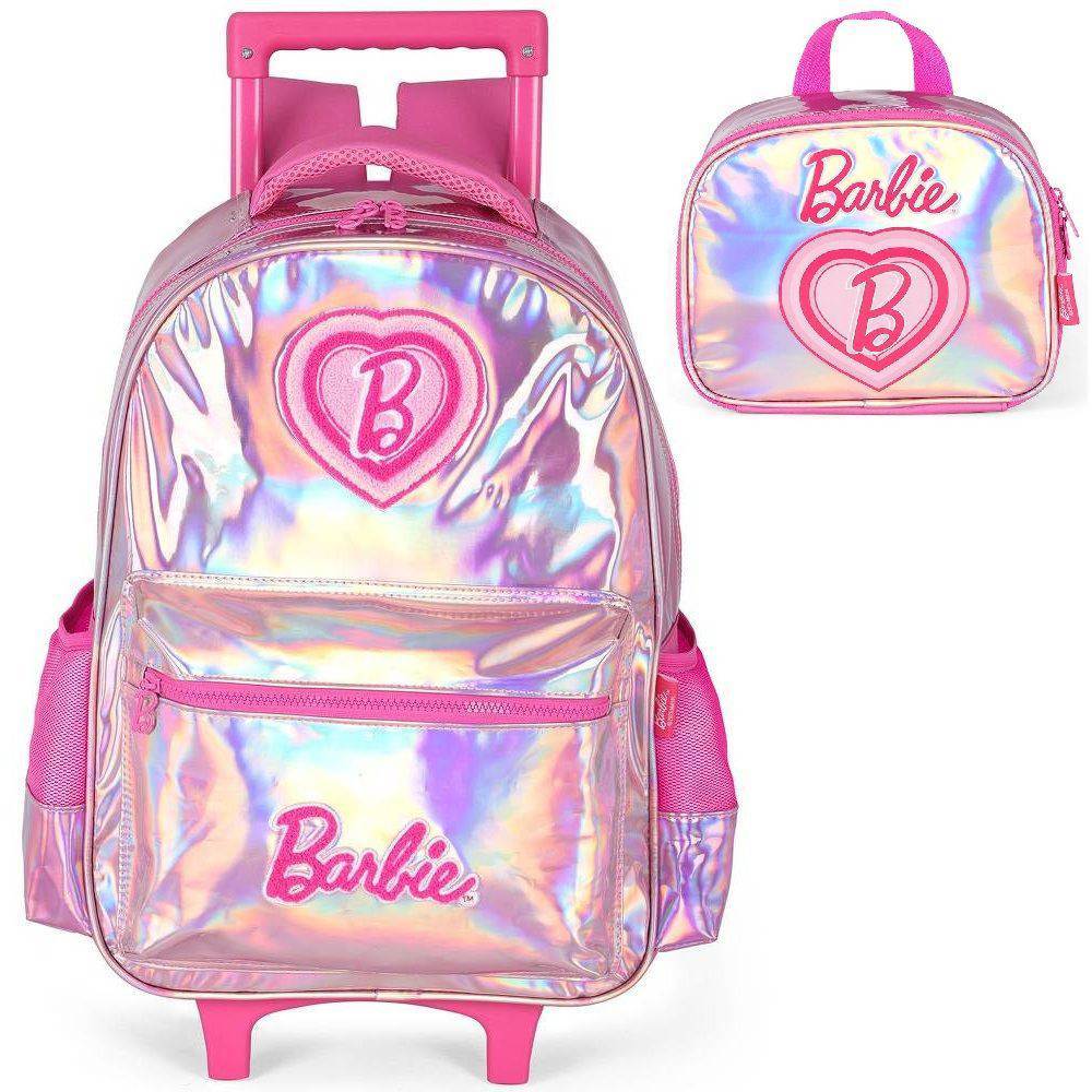Kit Mochila Rodinha e Costas Barbie Coracao+Lancheira Luxcel em Oferta na Shopee