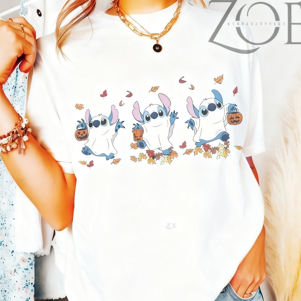 Camiseta Feminina Disney Ghost Stitch Halloween Branco e Preto Unissex Oversize Algodão Envio Imediato