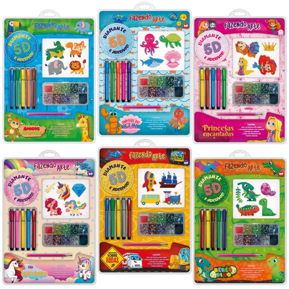 KIT LIVRO DE COLORIR +5 CANETINHAS +4 CARTELAS ADESIVOS DIAMANTE 5D FAZENDO ARTE VALE DAS LETRAS em Oferta na Shopee