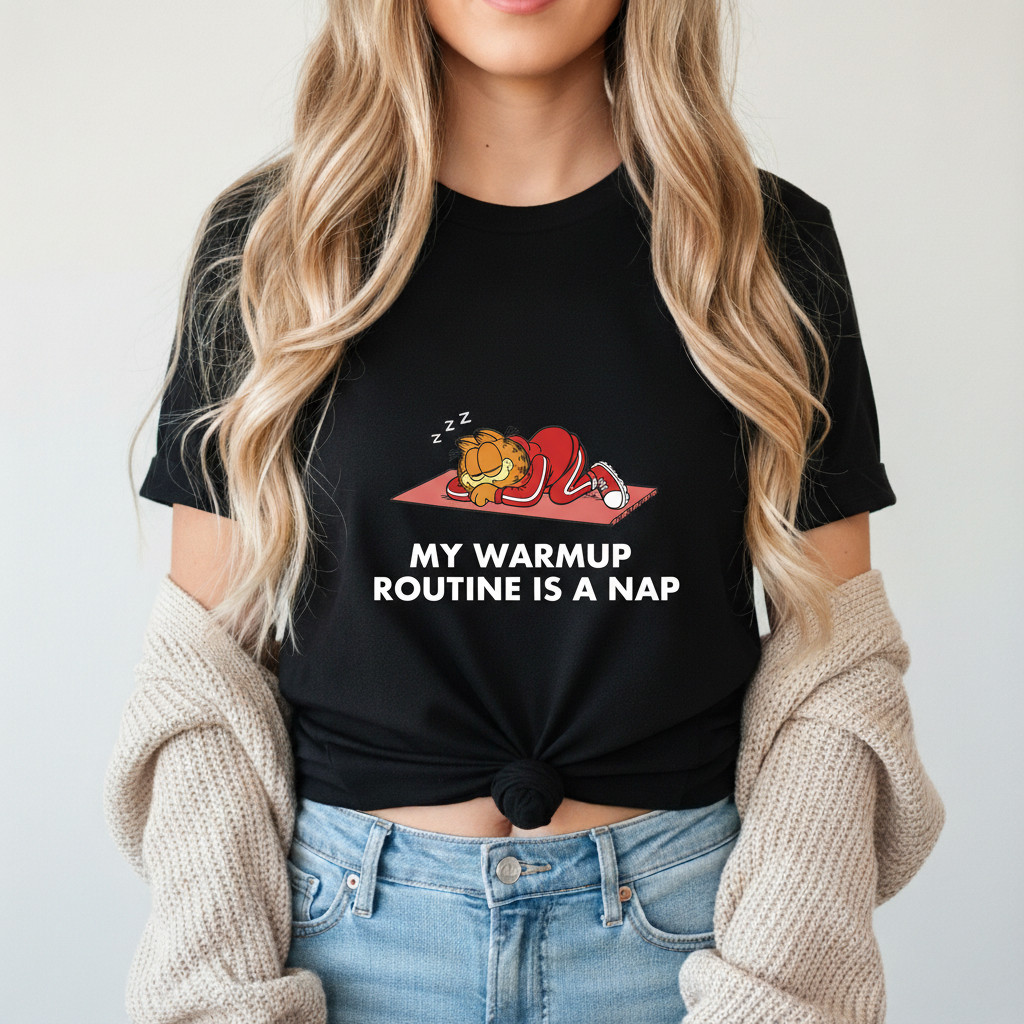 BR.Moonlight Camiseta Garfield Soneca Aquecimento "My Warmup Routine Is Nap" Yoga Estampada Confortável Divertida Relax