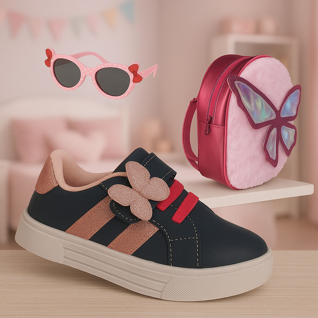 Kit Tenis Sapato Menina Borboleta Glitter Com Mochila e Óculos