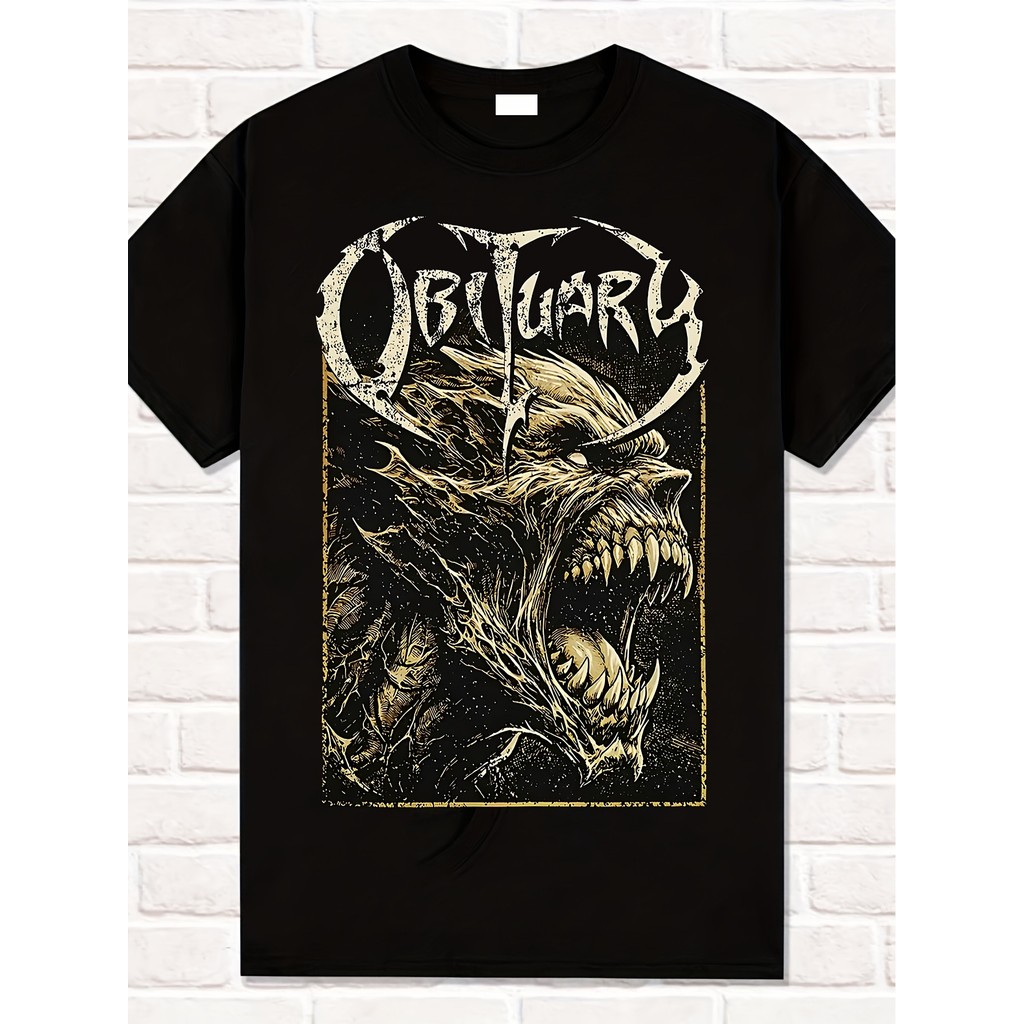 Camiseta Masculina Feminina Obituary Heavy Metal Estampa Gótica Tipografia Dourada Preta Confortável Estilosa
