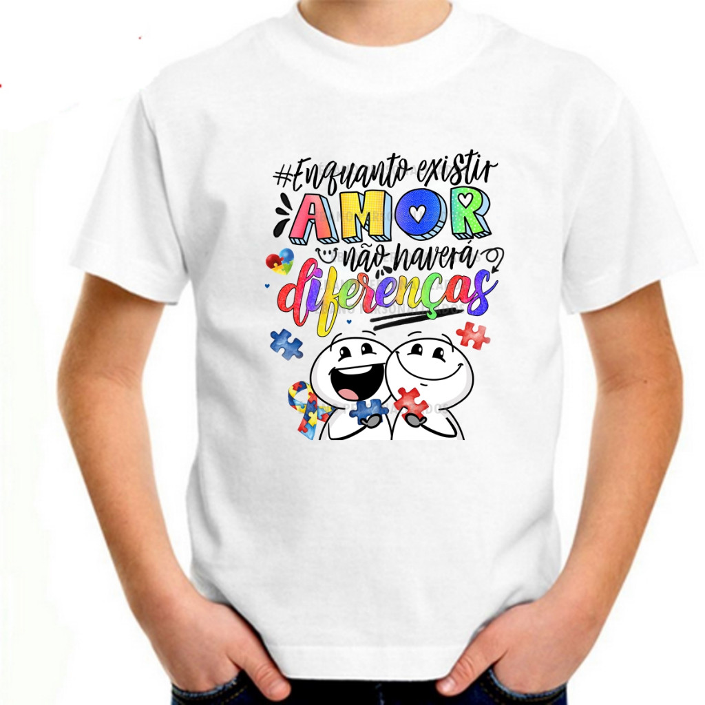 Camiseta Algodão 30.1 infantil autismo Enquanto existir amor não haverá diferenças símbolo autista laço tea tdah Premium