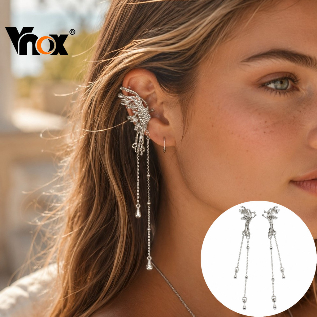 Punhos De Orelha Elegantes Com Borla De Borboleta Prateada Vnox Para Mulheres , Clipes Hipoalergênicos Sem Piercing , Pr
