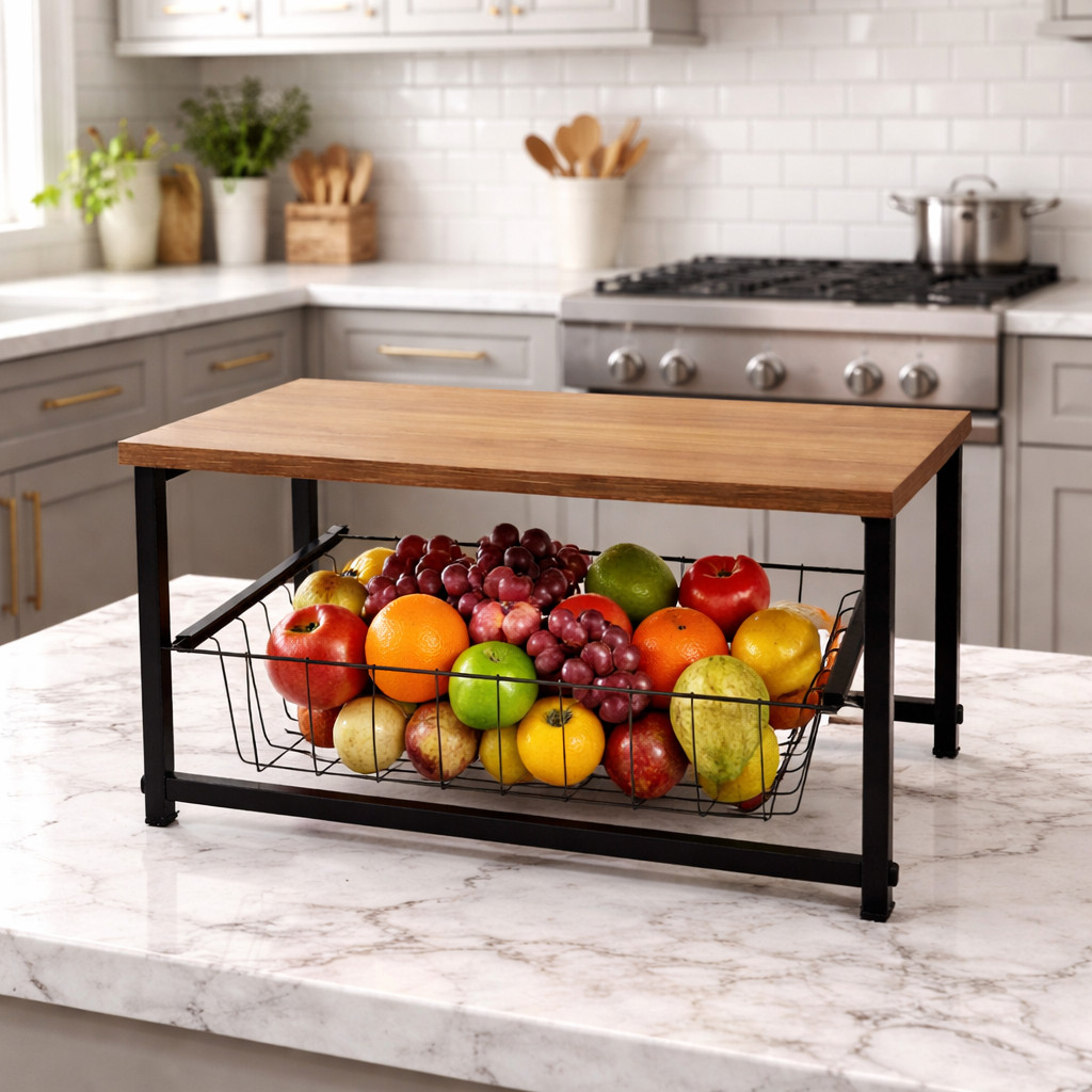 Fruteira de Mesa 1 Cesto em Aço Preto com Base MDF Amadeirado Organizador Multiuso