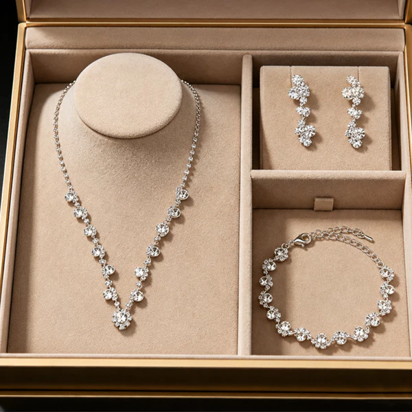 Conjunto de Joias Feminino Prateado com Zircônias | Colar Pulseira e Brincos para Festa