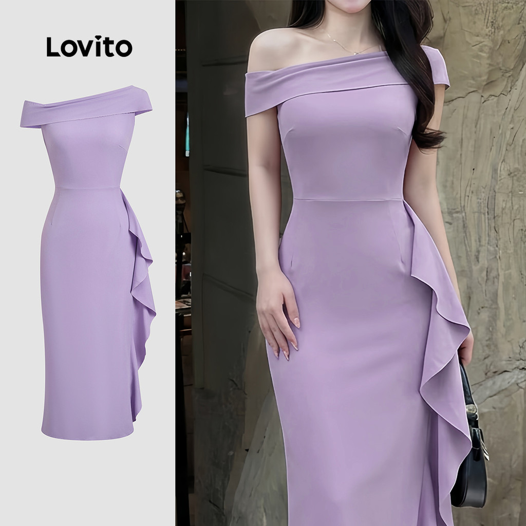 Lovito Vestido Elegante Zíper Assimétrico Casamento/Formatura Primavera/Verão Roxo Feminino LK5ED510