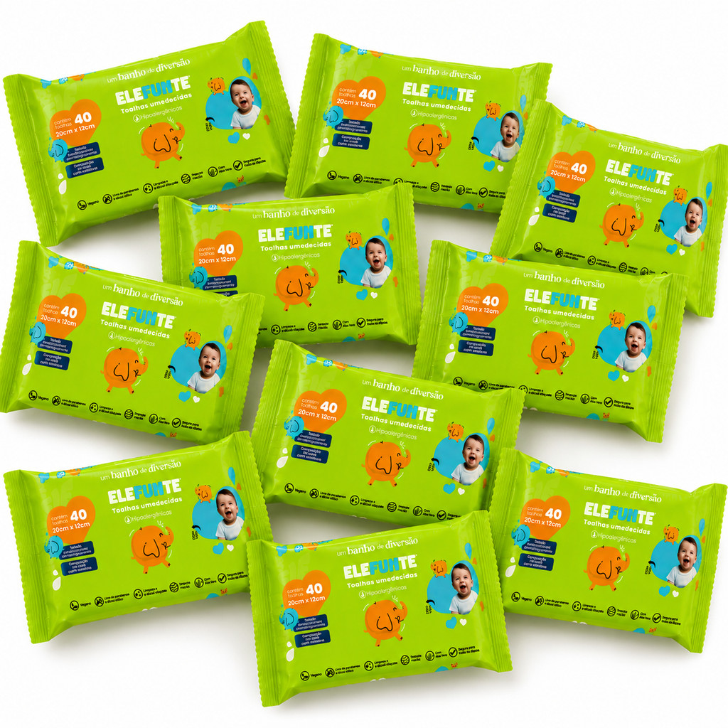 Kit 10 Lenços Umedecido 40 Folhas - Hipoalergênicas Para Pele Sensível - Elefunte