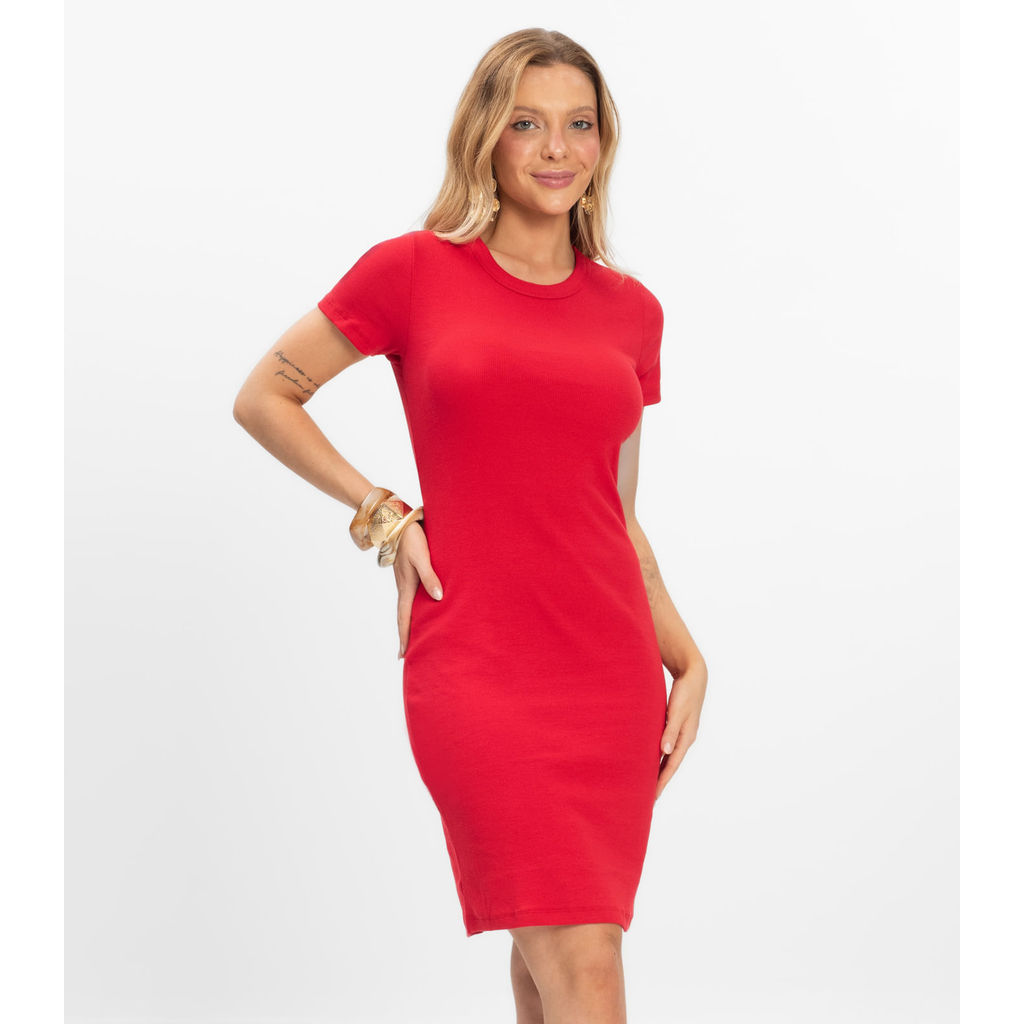 Vestido Acinturado Em Ribana Canelada Rovitex Vermelho
