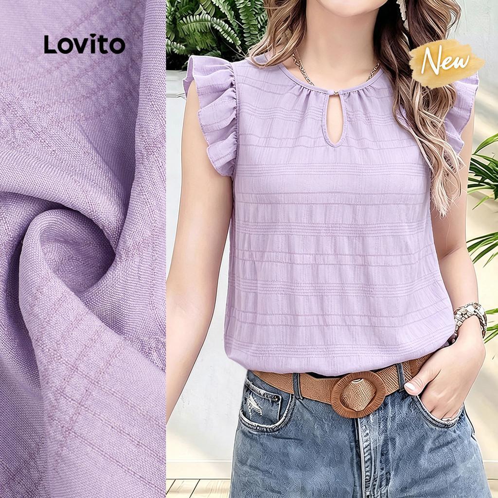 (New Arrival) Lovito Top Casual com Babados Recortes e Jacquard Roxo Primavera/verão para Mulheres LK7LD1056