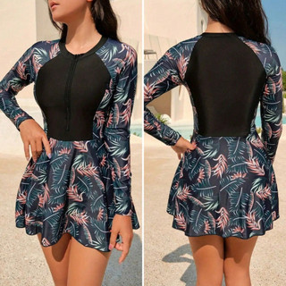 Conjunto de Roupa de Banho Feminina para Praia com Estampa de Plantas Tropicais e Mangas Raglan YPS0