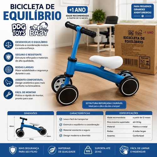 Bicicleta Infantil Equilibrio Sem Pedal Azul Quadro Leve Rodas Borracha Segura Pedalar desenvolvimento