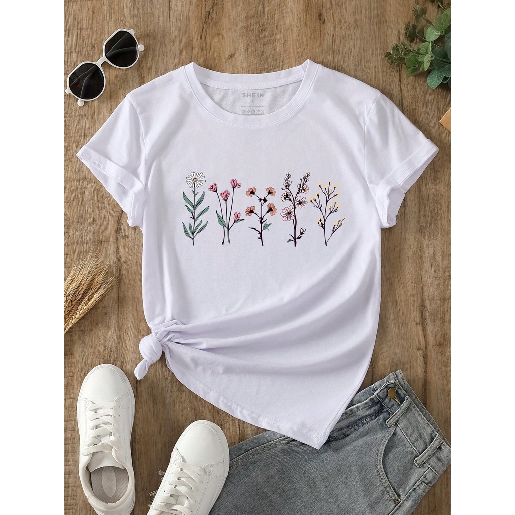 Camiseta Floral Delicada Feminina 100% Algodão | Estampa de Flor Minimalista | Casual Verão Confortável