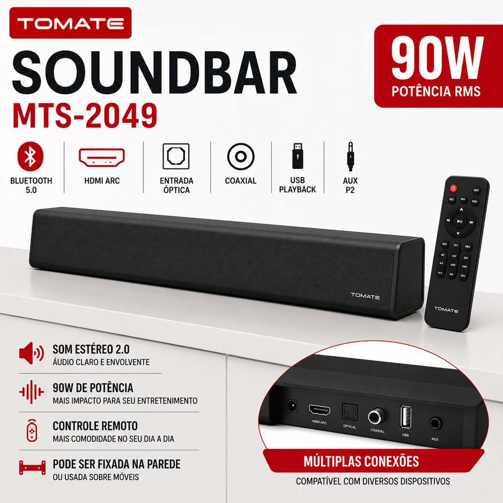 Soundbar Tomate MTS-2049 90W Bluetooth HDMI ARC USB Óptica Coaxial AUX Controle Remoto para Smart TV