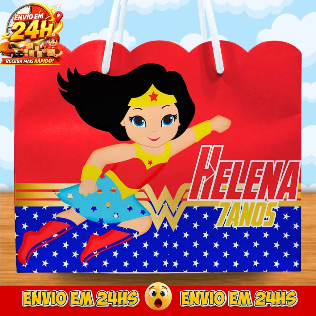 Sacolinhas Mulher Maravilha Cute Personalizadas - Lembrancinhas Mulher Maravilha Baby com Nome e Idade