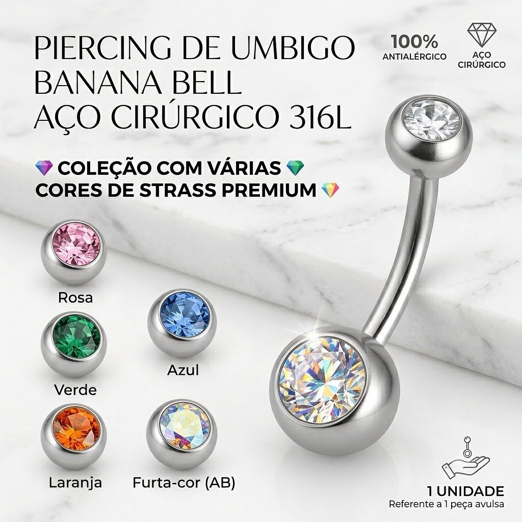 Piercing de Umbigo Banana Bell em Aço Cirúrgico 316L Antialérgico com Strass Premium Delicado