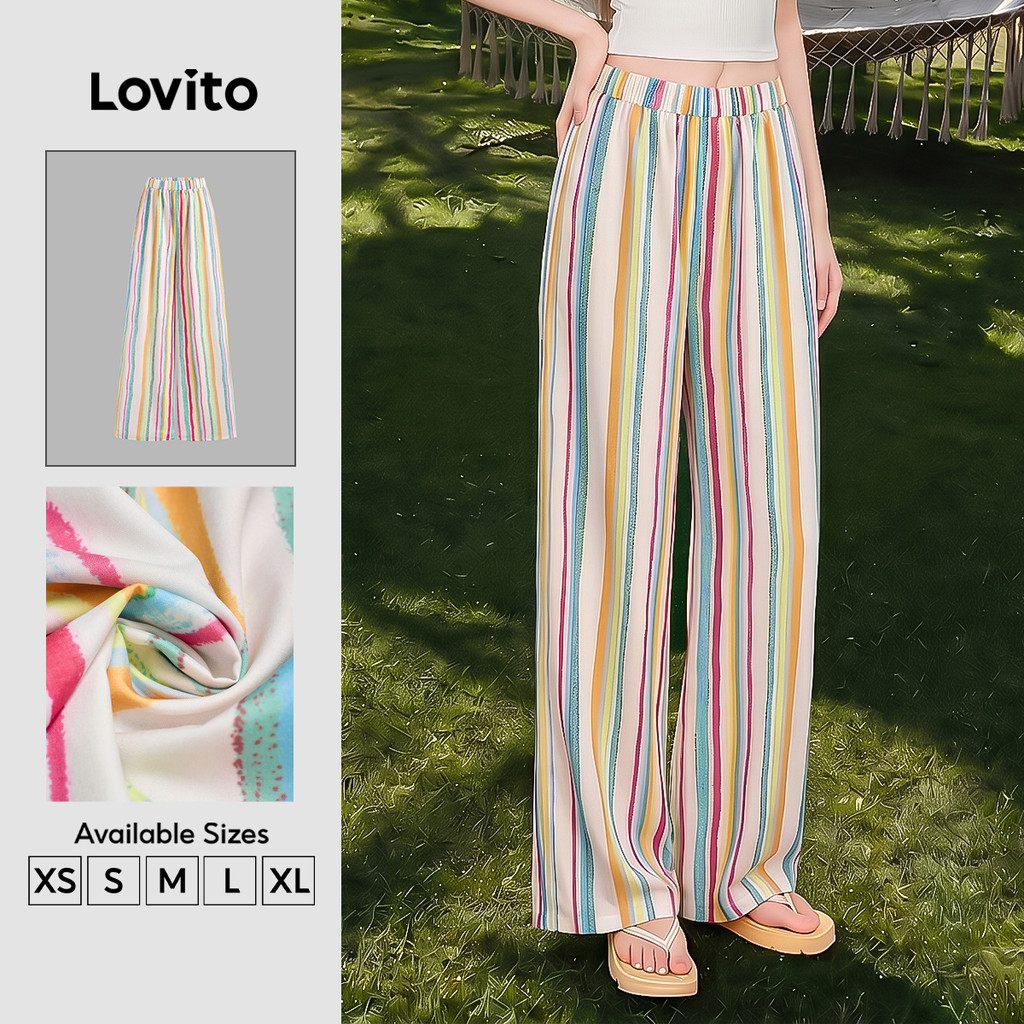 Lovito Férias Calça Com Listras Arco-íris Colorblock Verão/primavera Para Mulheres L133AD151