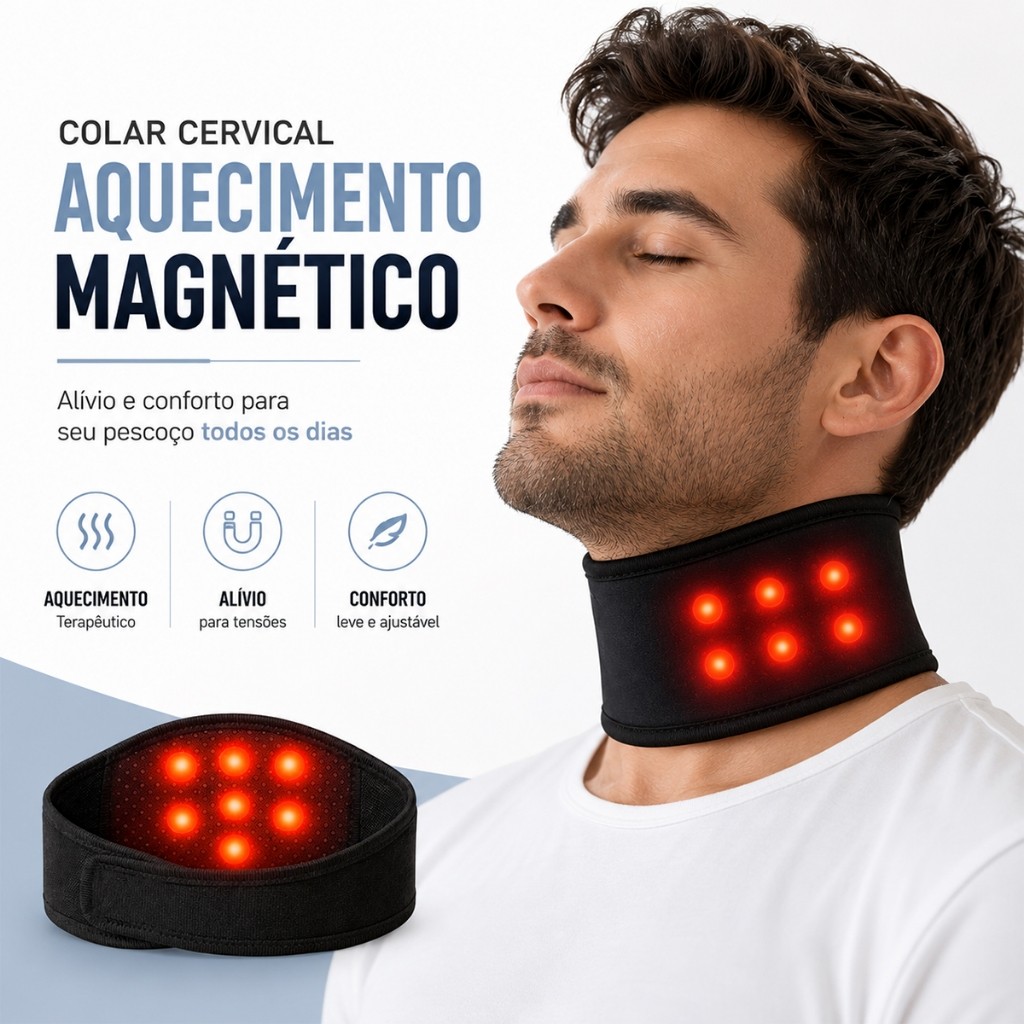 Colar Magnético de Turmalina para Cervical Massageador Relaxante Alívio de Dores, Tensões e Rigidez no Pescoço