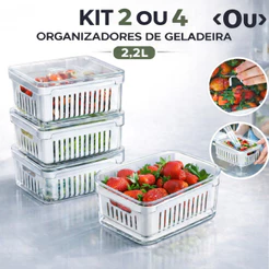 Kit 2 ou 4 Organizadores Geladeira Acrílico 2,2L Tampa Legumes Verduras Frutas Alimentos Cozinha OU