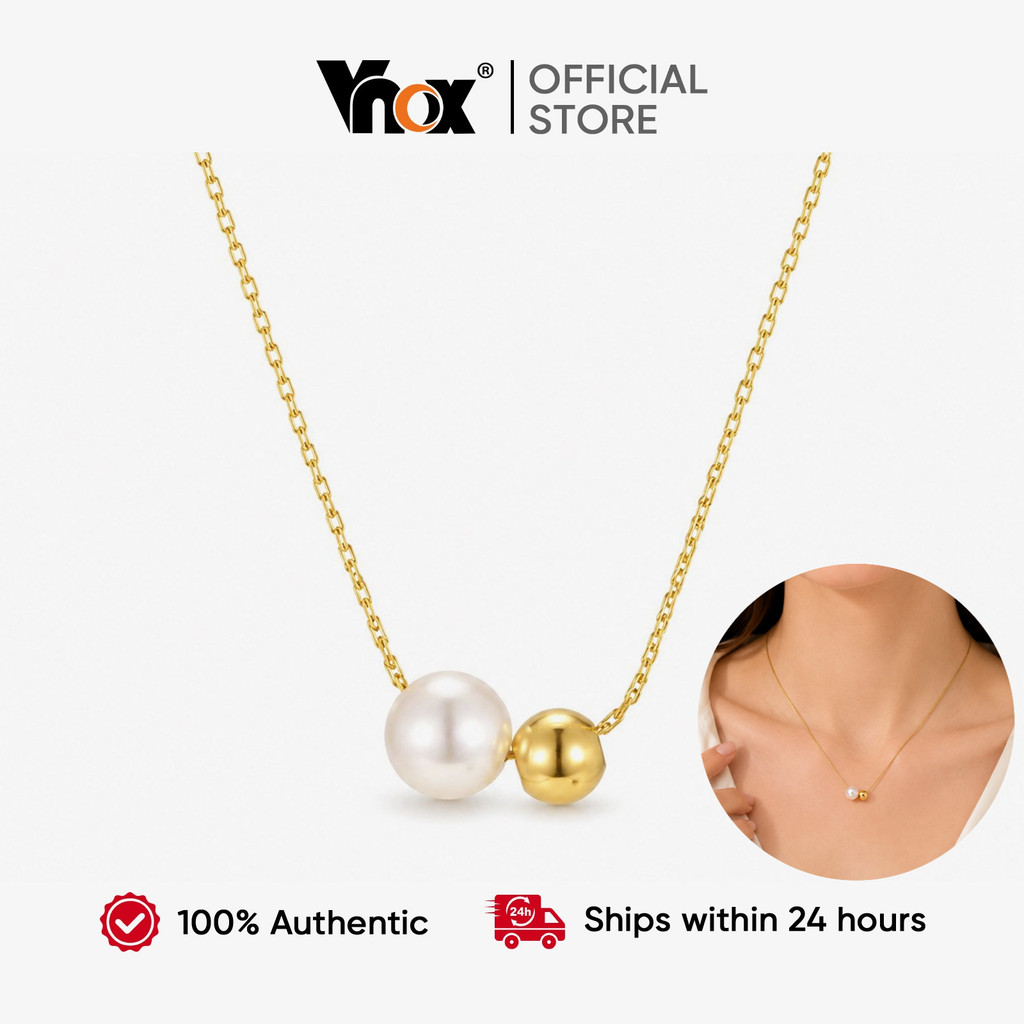 Colar Com Pingente De Pérola E Bola De Ouro Vnox Para Mulheres , Corrente Fina De Aço Inoxidável Banhado A 18K , Uso Diá