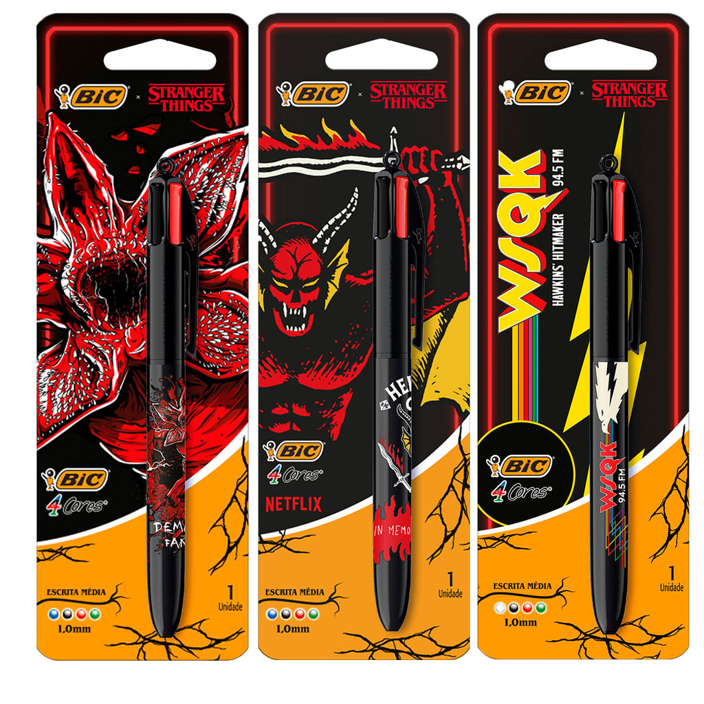 Kit 3 peças caneta esferográfica 1.0 retrátil Stranger Things 4 cores Bic