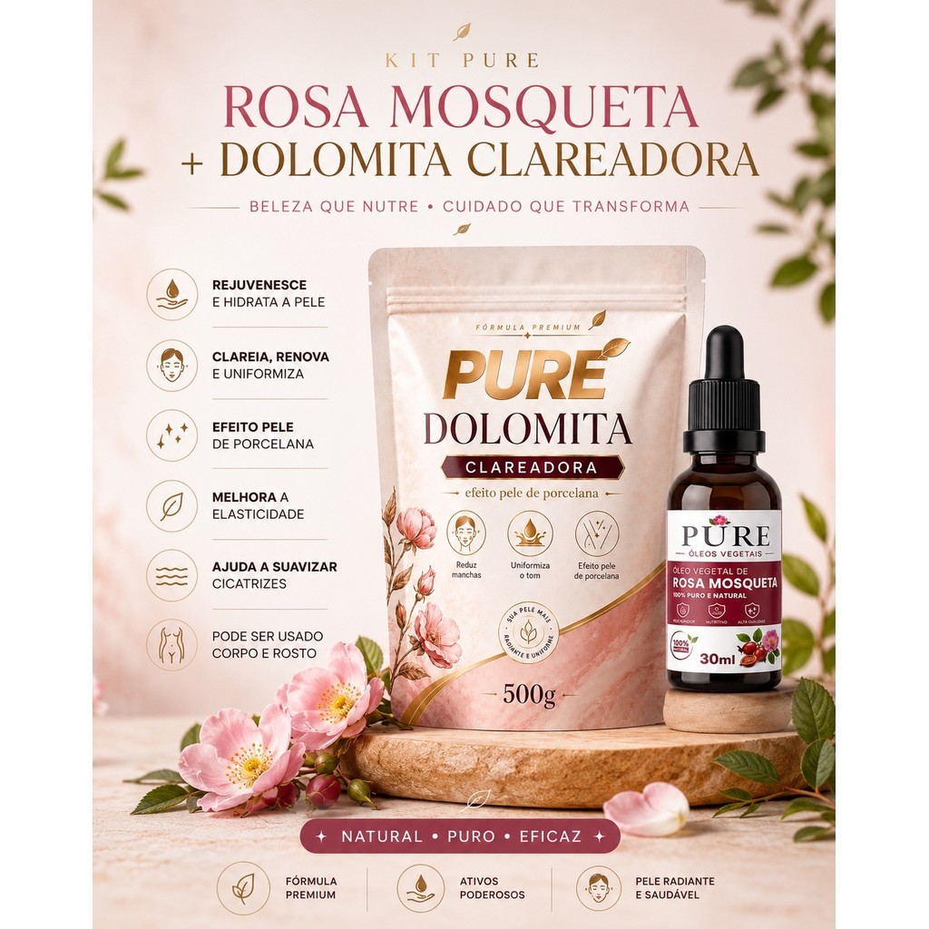 Kit Clareador Dolomita + Óleo Rosa Mosqueta Clareamento Máscara 500g + 30ml Envio Imediato